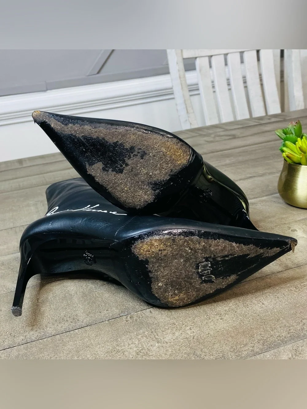 Gianni Versace Black Leather Pointed Toe Stiletto Ankle Boots Script Signature 8